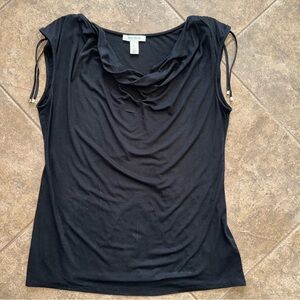 Like New - White House Black Market Black top with ruched tied shoulders